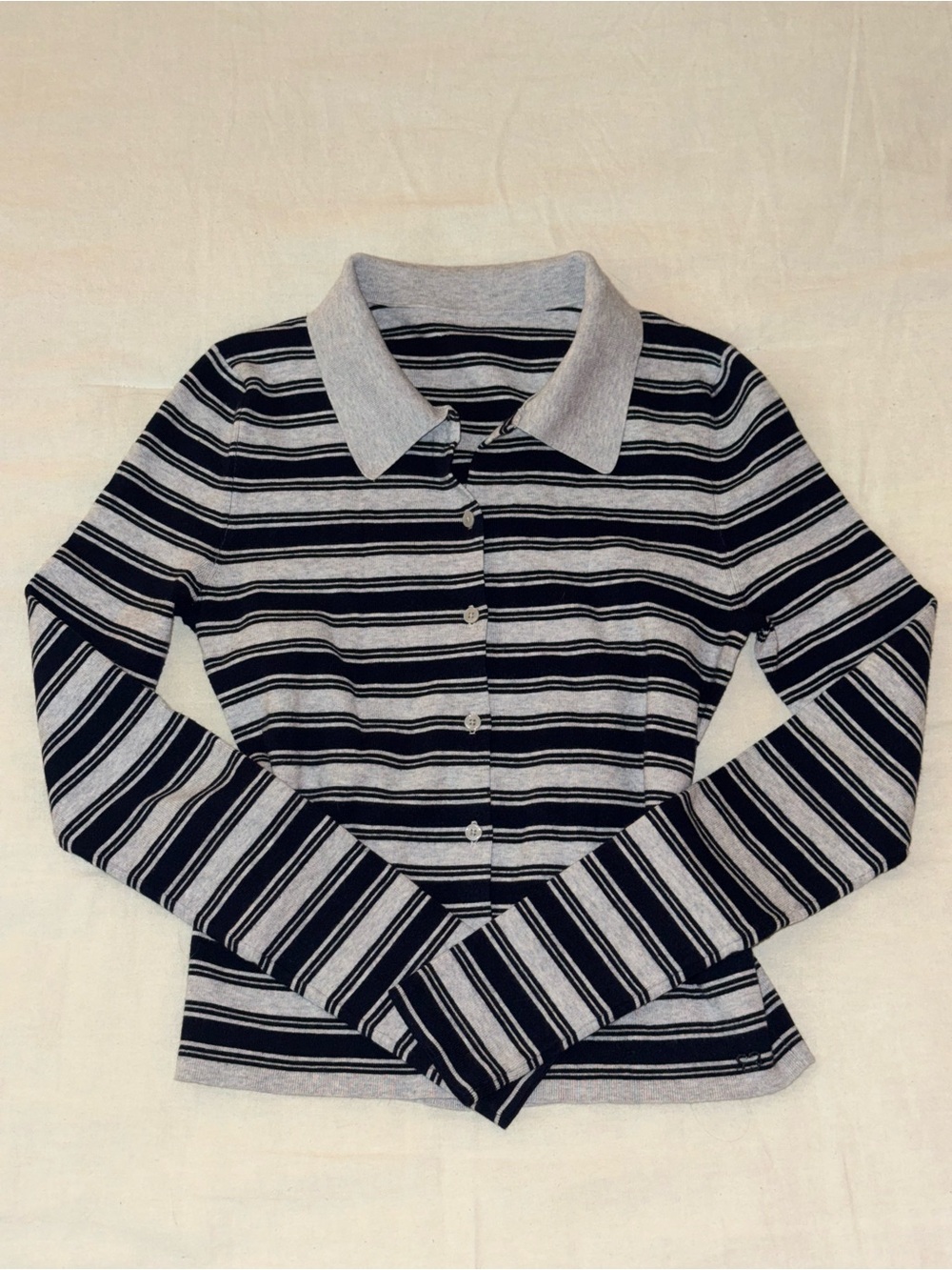 Aritzia Striped Button-Front Polo - Gray & Navy